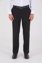 Black formal trousers with a sleek, straight-leg cut and subtle creasing along the front.