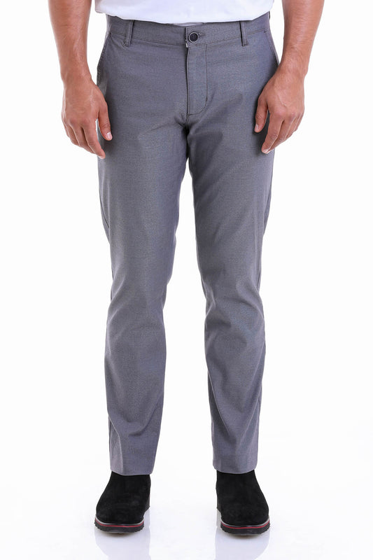 Gray chino trousers with a slim fit and subtle texture.
