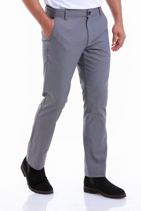 Gray chino trousers with a slim fit and subtle texture.