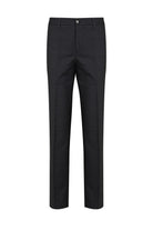Black tailored trousers with a subtle textured weave and a classic straight-leg cut.