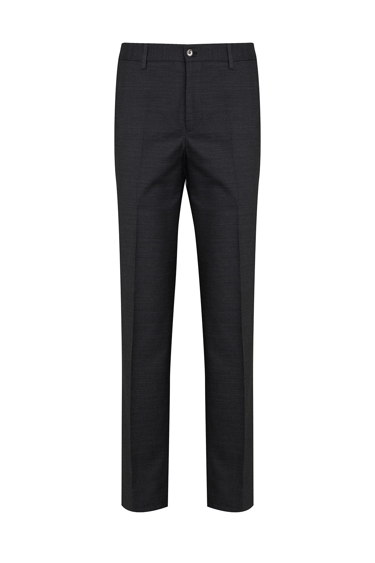 Black tailored trousers with a subtle textured weave and a classic straight-leg cut.