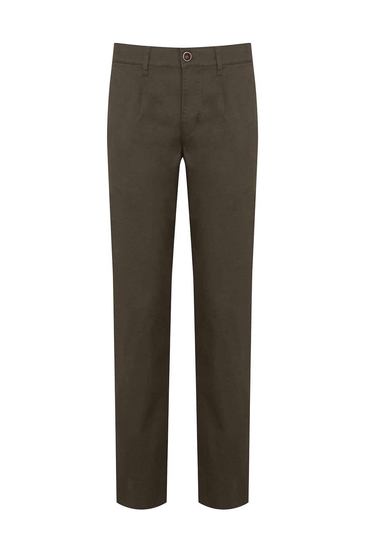 Dark olive green chino trousers with a classic straight-leg cut and a single button closure at the waist.