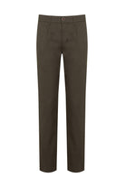 Dark olive green chino trousers with a classic straight-leg cut and a single button closure at the waist.