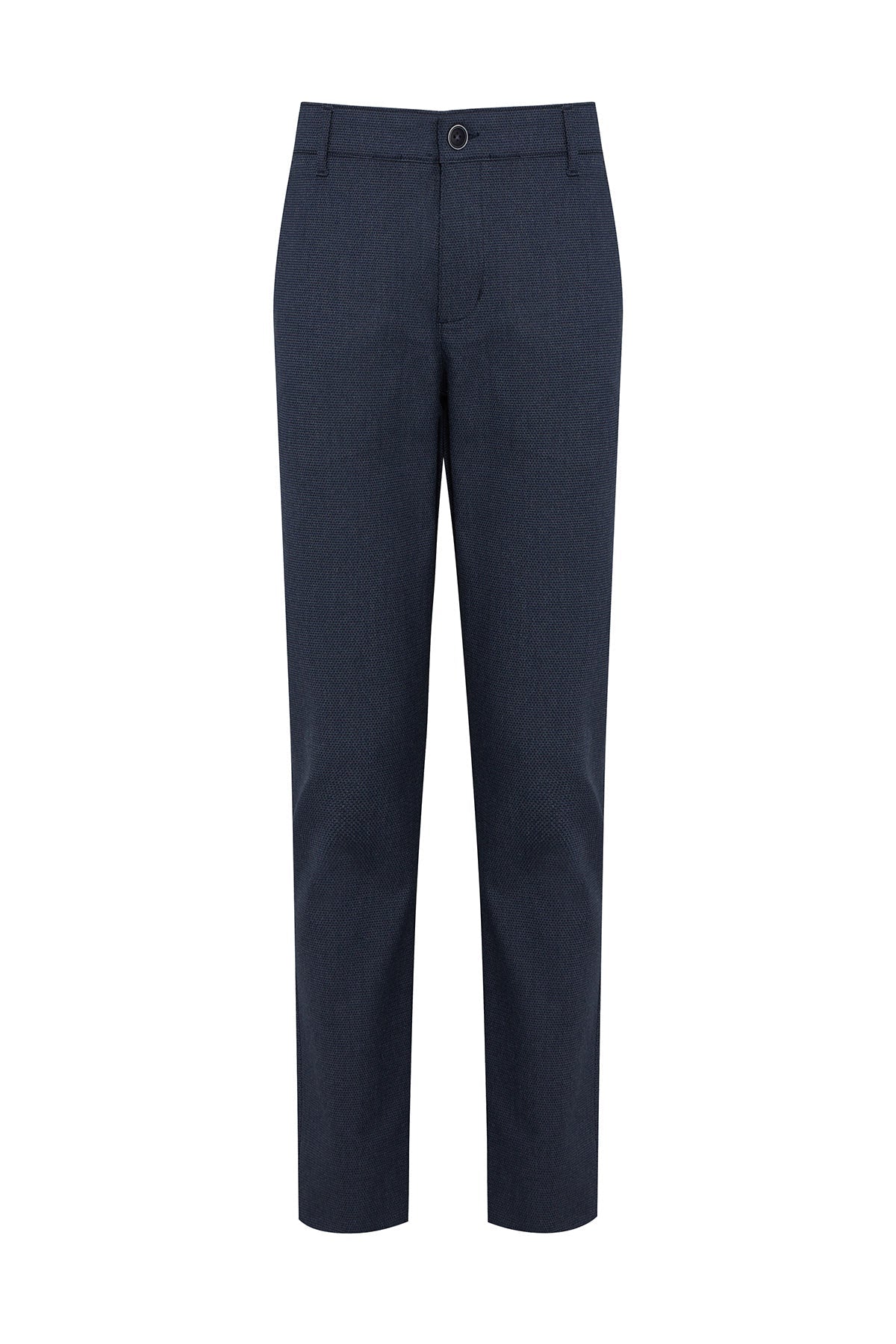 Dark blue textured men’s dress pants with a subtle herringbone pattern and a classic tapered fit.
