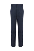 Dark blue textured men’s dress pants with a subtle herringbone pattern and a classic tapered fit.