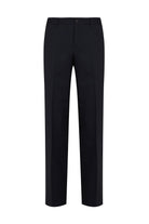 Black tailored trousers with a sleek, straight-leg cut and subtle creasing along the front.