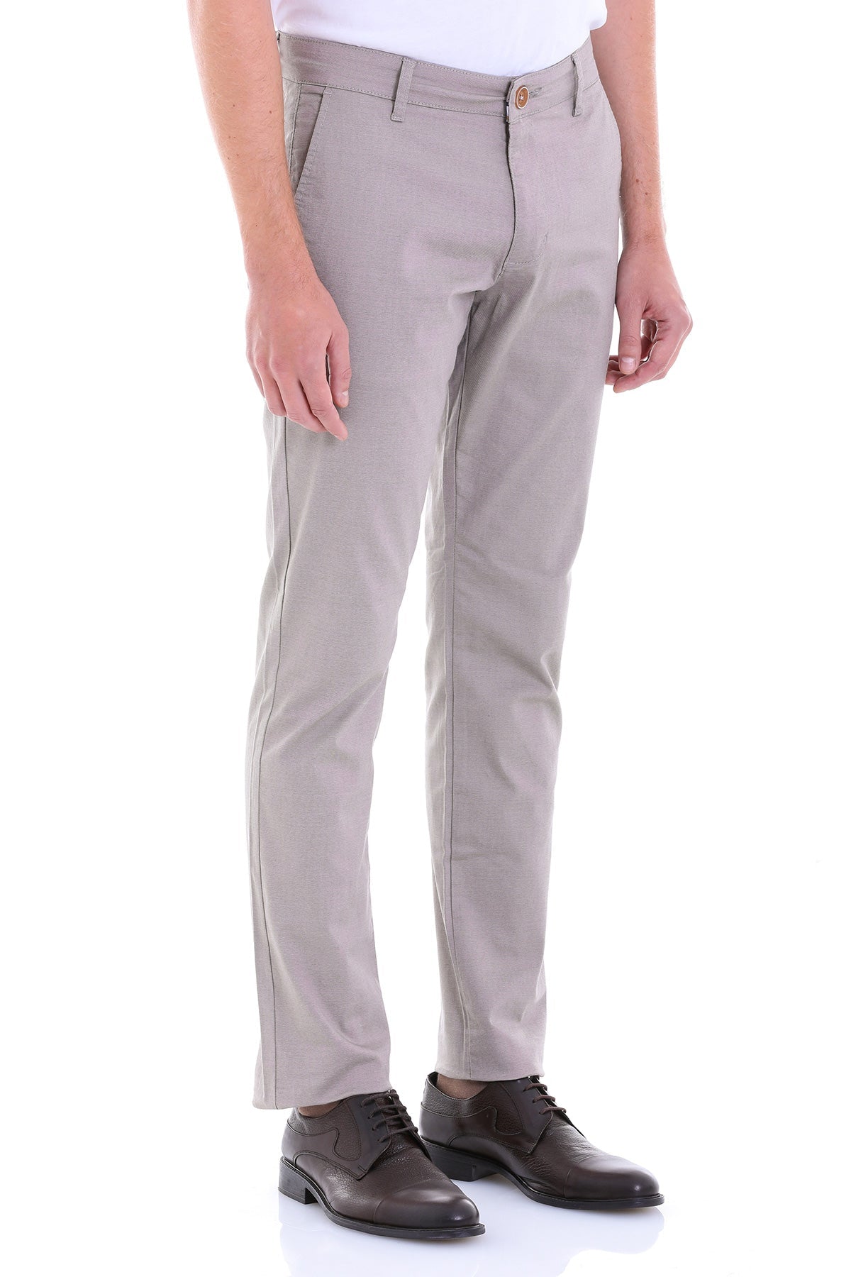 Khaki-colored, slim-fit chino trousers with a classic belt loop design and matching button closure.