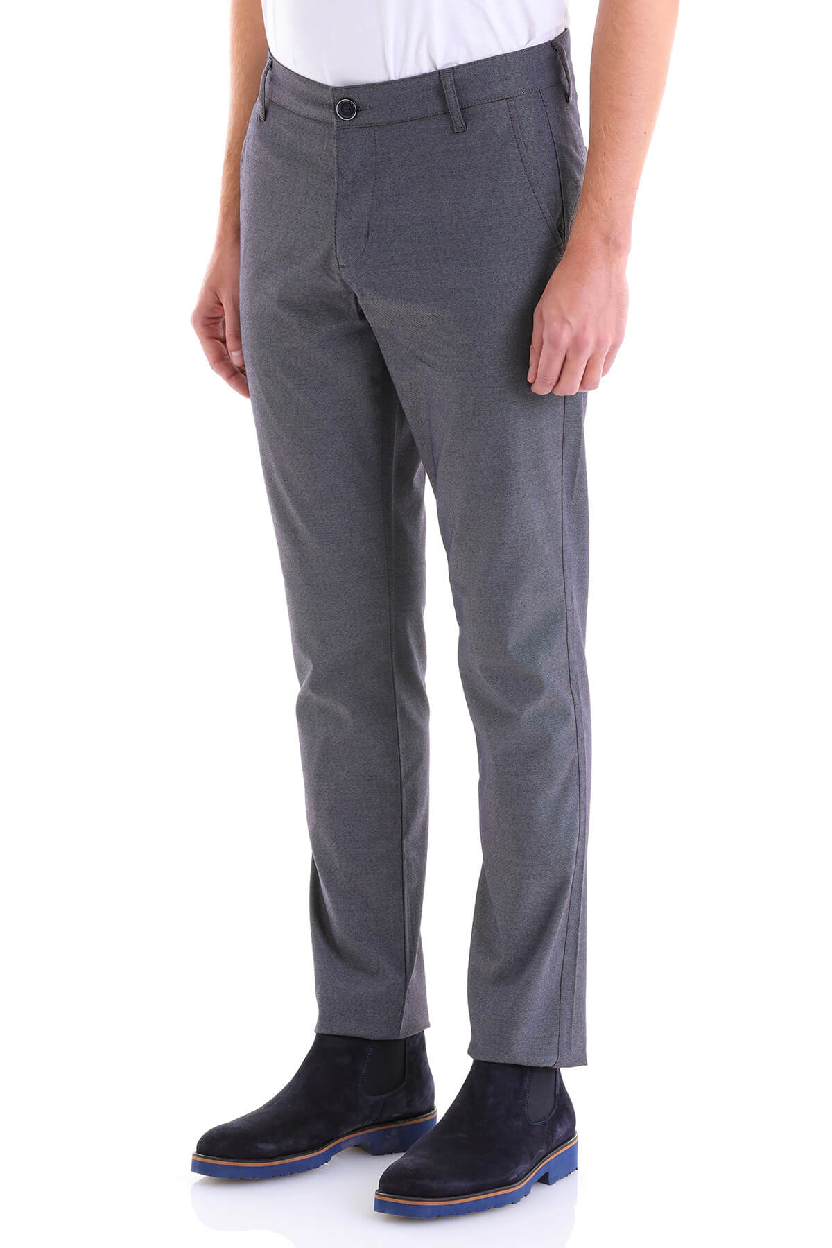 Gray chino trousers with a slim fit and subtle texture.