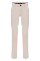Beige chino trousers with a subtle texture and a dark brown button at the waistband.