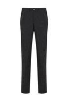 Black tailored trousers with a sleek, straight-leg cut and subtle texture.