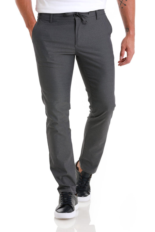 Dark gray chino pants with a drawstring waistband.