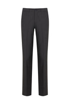 Black tailored trousers with a sleek, straight-leg cut and subtle creases.