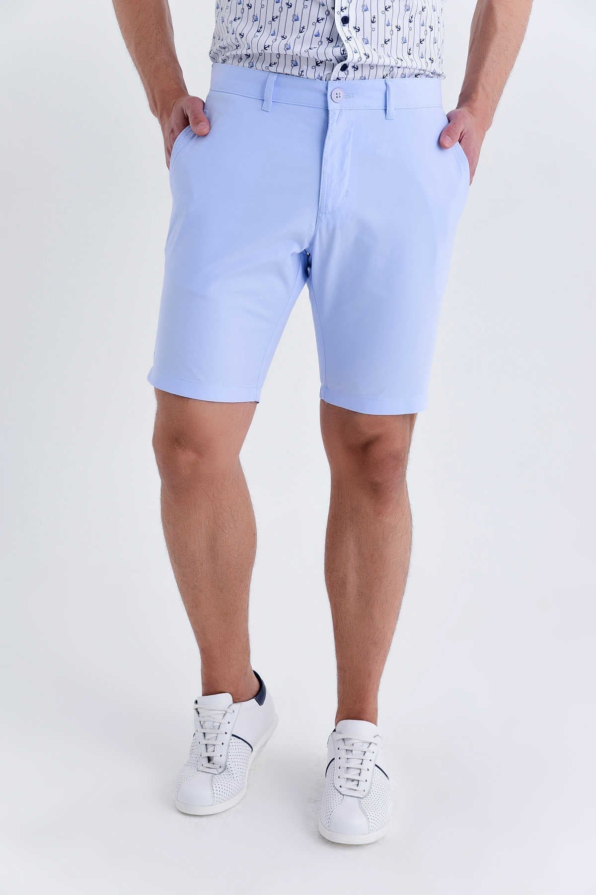 Light blue, tailored shorts with a clean, modern design.