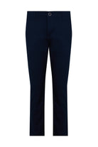 Navy blue slim-fit chinos with a subtle woven texture and a single button closure at the waistband.