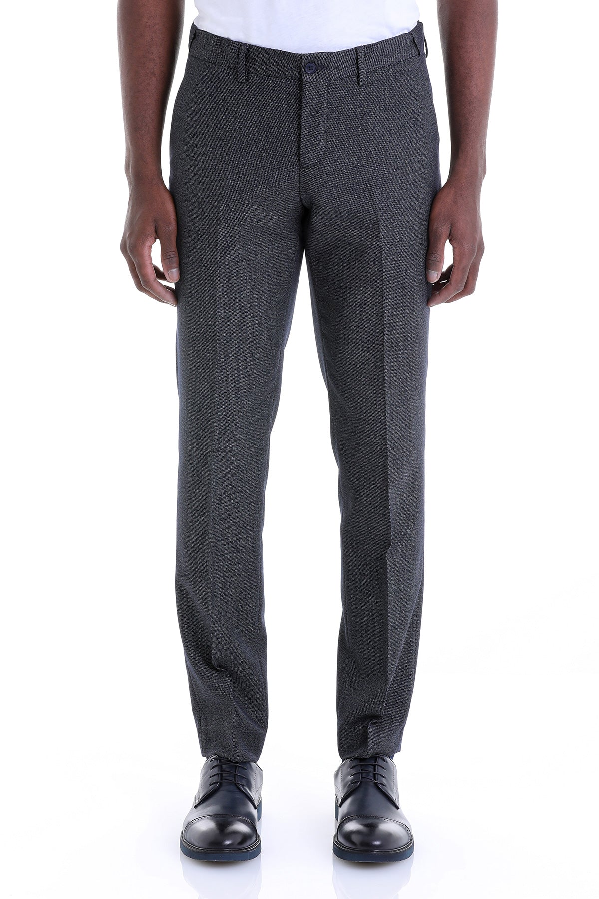 Dark gray textured wool trousers with a classic straight-leg cut and belt loops.