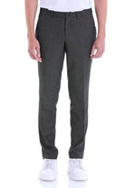 Dark gray textured wool trousers with a subtle herringbone pattern and classic tailored fit.