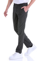 Dark gray textured wool blend trousers with a slim fit and subtle pattern.
