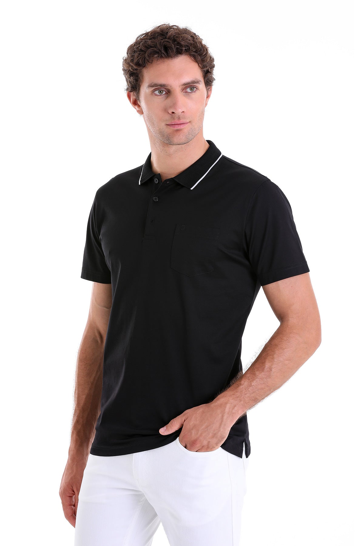 Black short-sleeved polo shirt with white trim along the collar and placket.
