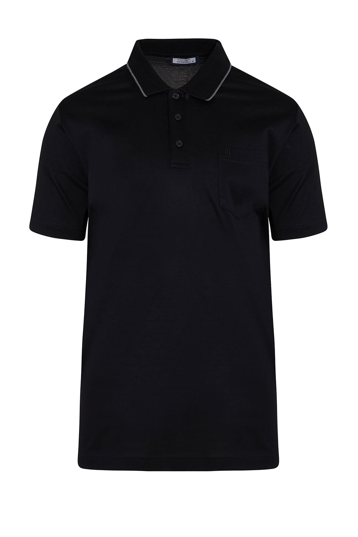 Black short-sleeved polo shirt with a subtle gray trim along the collar and placket.