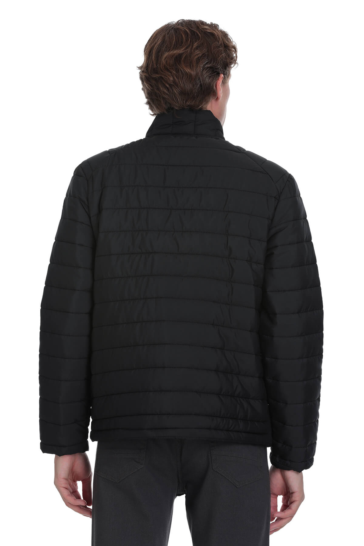 Black quilted puffer jacket with horizontal stitching and a high collar.