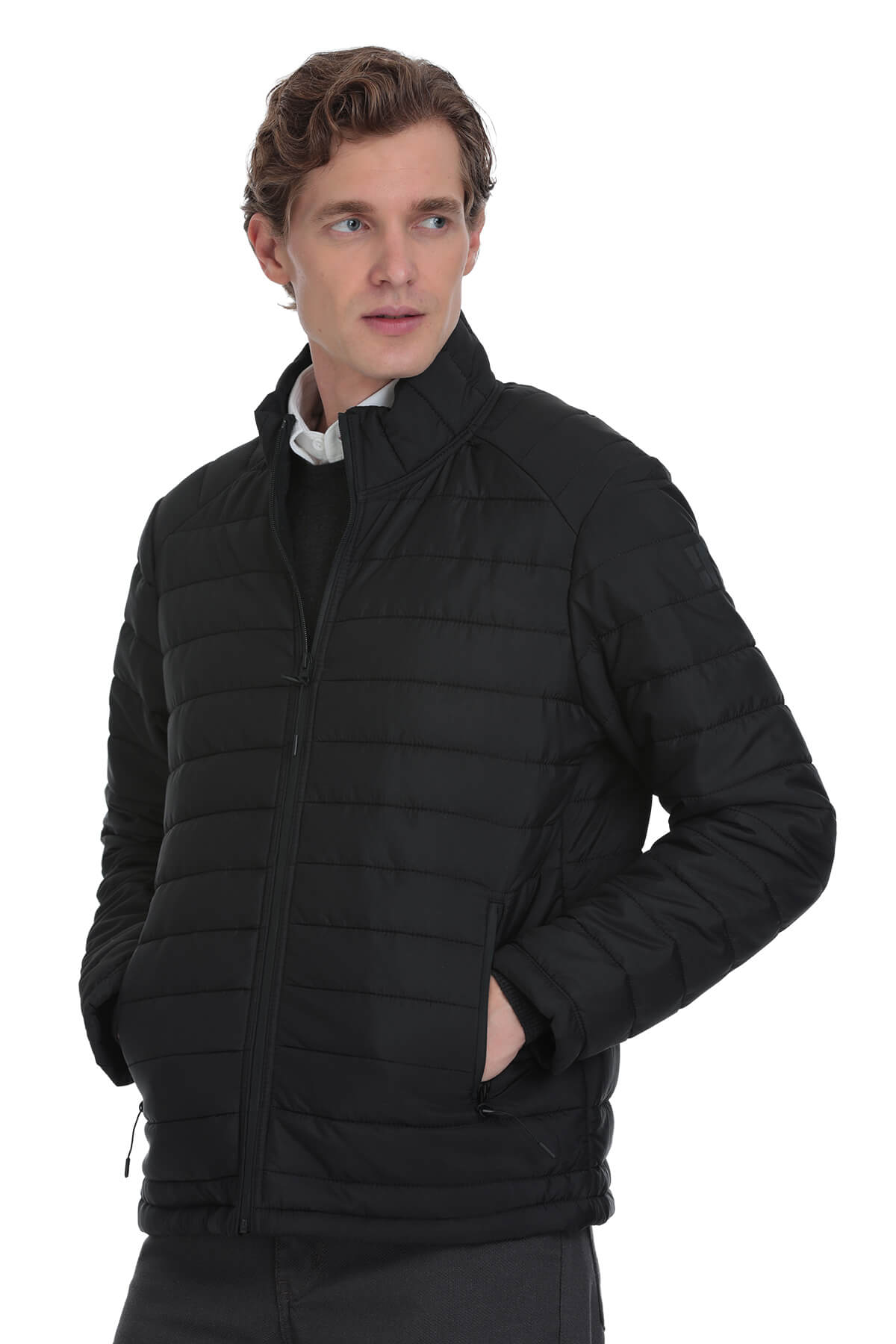 Black quilted puffer jacket with a high collar and front zipper.