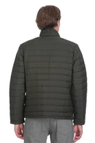 Dark olive green quilted puffer jacket with a high collar and horizontal stitching.