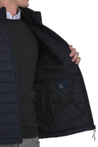 Black quilted puffer vest with a sleek, modern design and subtle stitching details.