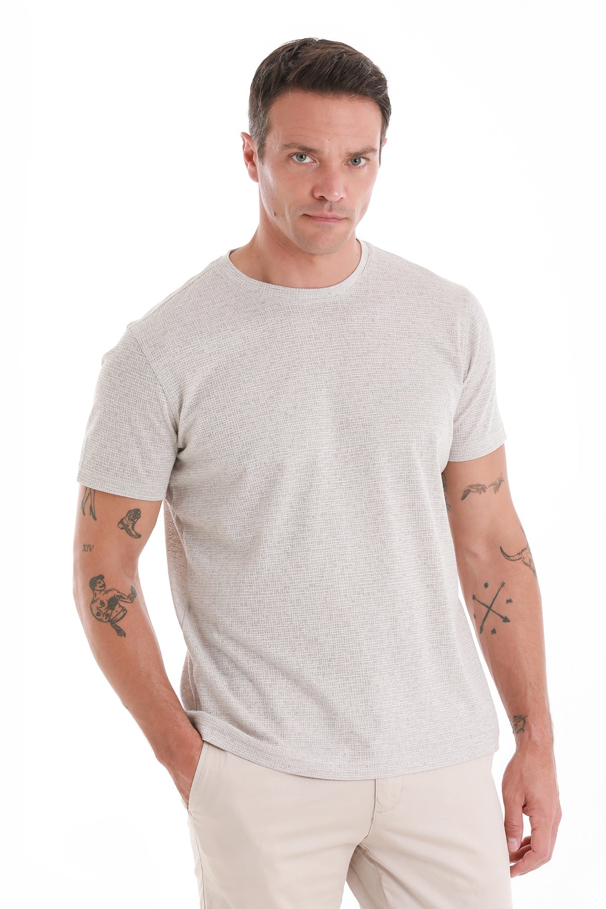 Light gray textured short-sleeve t-shirt with a crew neck.