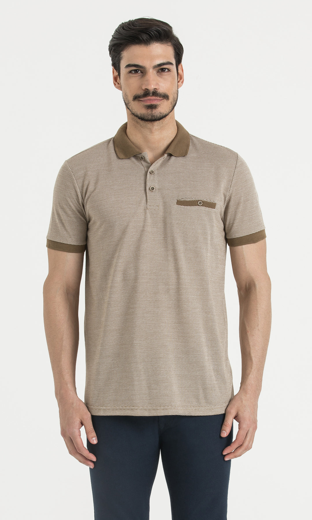 Beige textured polo shirt with contrasting brown collar and sleeve cuffs.