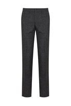 Dark gray textured wool trousers with a subtle herringbone pattern.