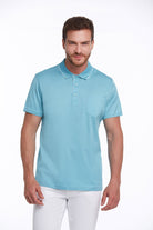 Light blue short-sleeved polo shirt with a contrasting white collar and button placket.