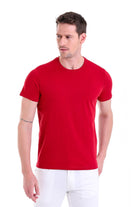 Red crew-neck cotton t-shirt.