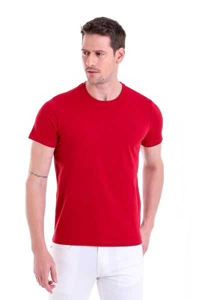 Red crew-neck cotton t-shirt.