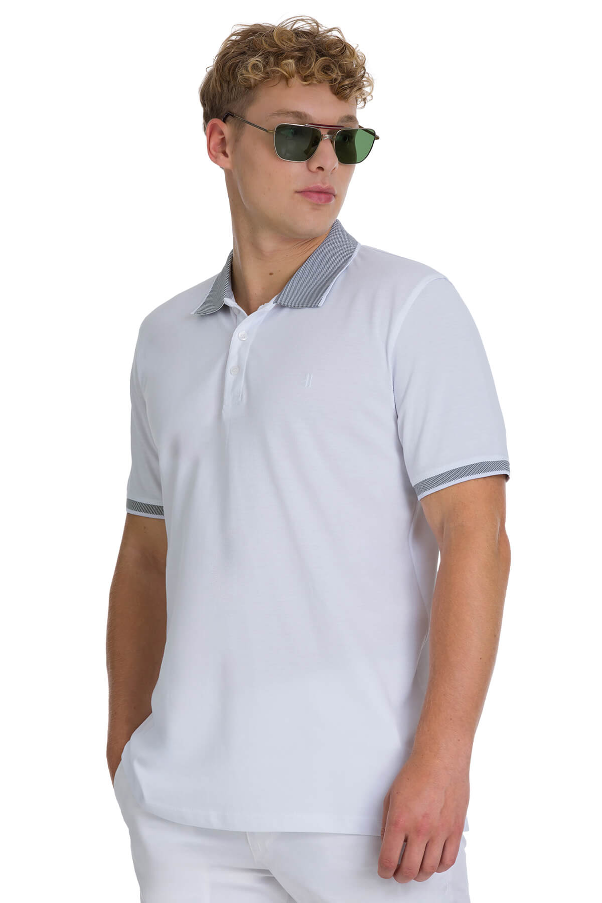 Light blue regular fit cotton polo t-shirt with gray collar and sleeve trim made from 100 percent cotton