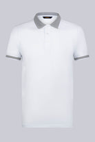 White polo shirt with gray textured collar and sleeve cuffs, featuring a subtle brand label at the neckline.