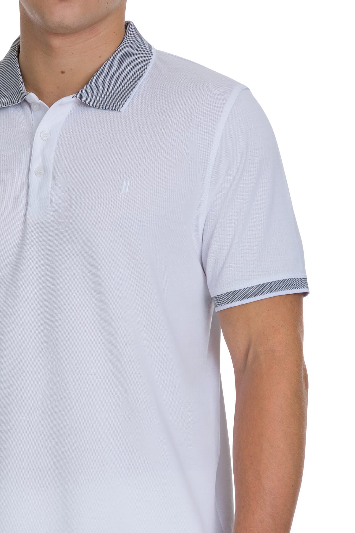 Regular fit white cotton polo t-shirt with subtle gray textured collar and sleeve trim and small chest logo embroidery