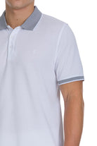 Regular fit white cotton polo t-shirt with subtle gray textured collar and sleeve trim and small chest logo embroidery