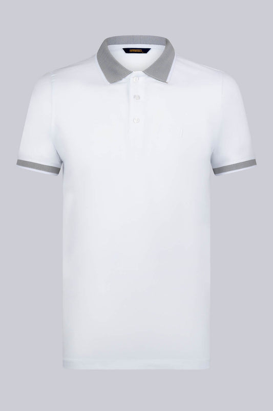 White polo shirt with gray textured collar and sleeve cuffs, featuring a subtle brand label at the neckline.