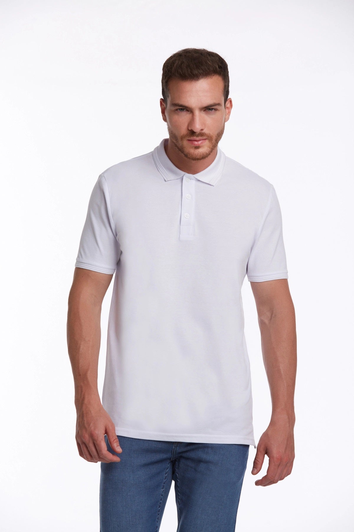 White short-sleeved polo shirt with a classic collar and button placket.