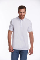 White short-sleeved polo shirt with a classic collar and button placket.