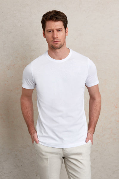 White crew-neck cotton t-shirt.