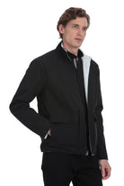 Black zip-up jacket with a contrasting white inner lining and subtle gray trim along the collar.