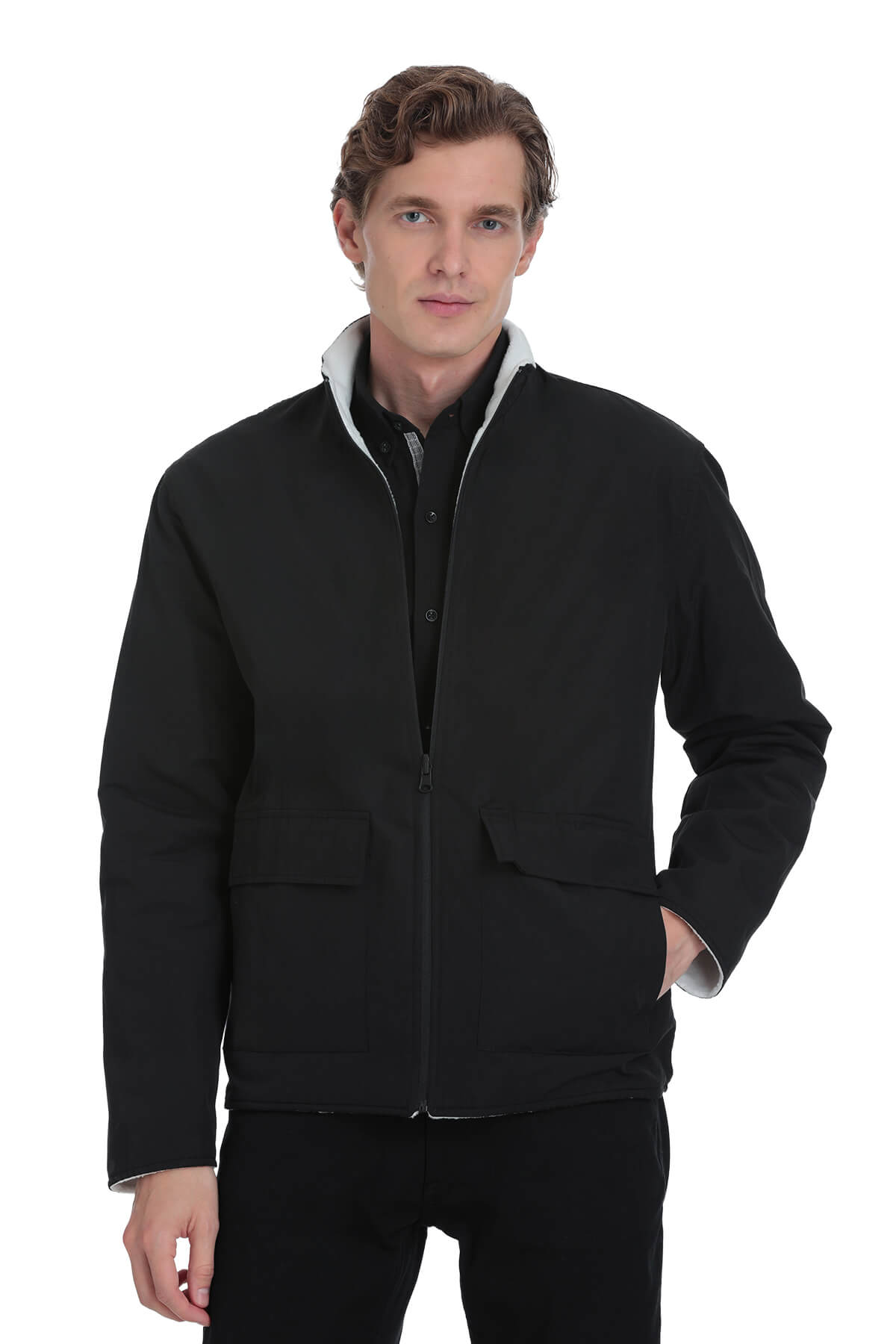 Black zip-up jacket with a contrasting white inner lining and subtle stitching details.