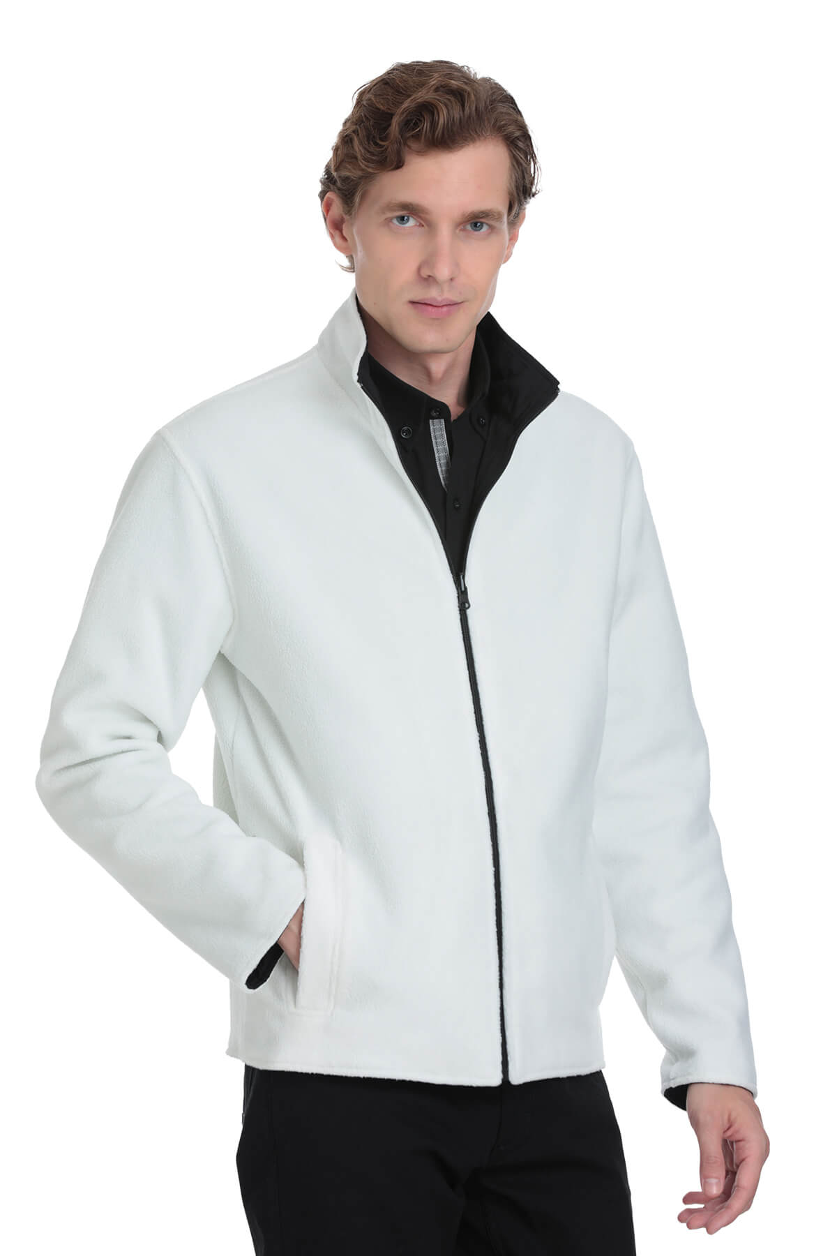 Light blue fleece jacket with black zipper and collar.