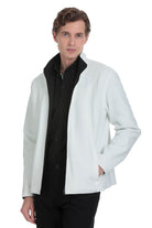 Light blue bomber jacket with black inner lining and zipper closure.