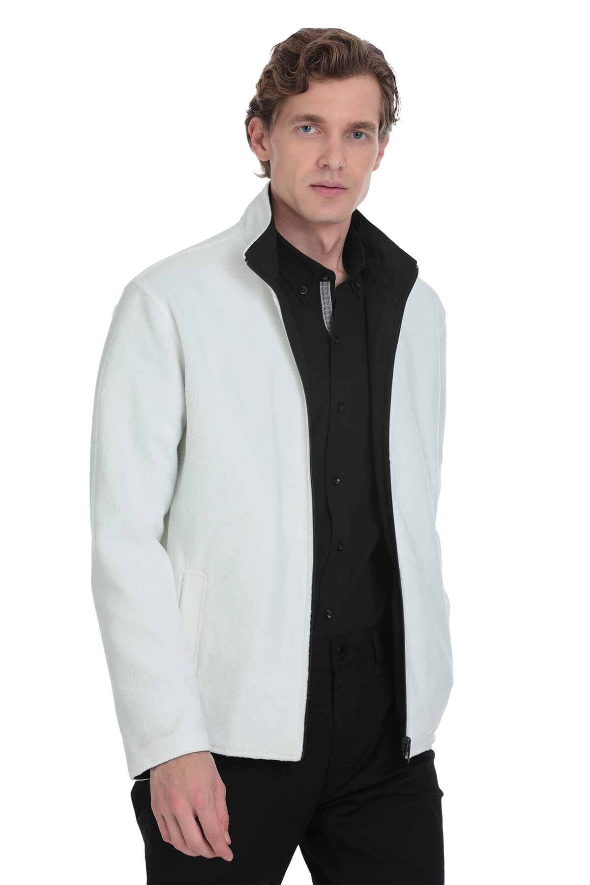 A sleek, off-white zip-up jacket with a high collar and subtle stitching details.