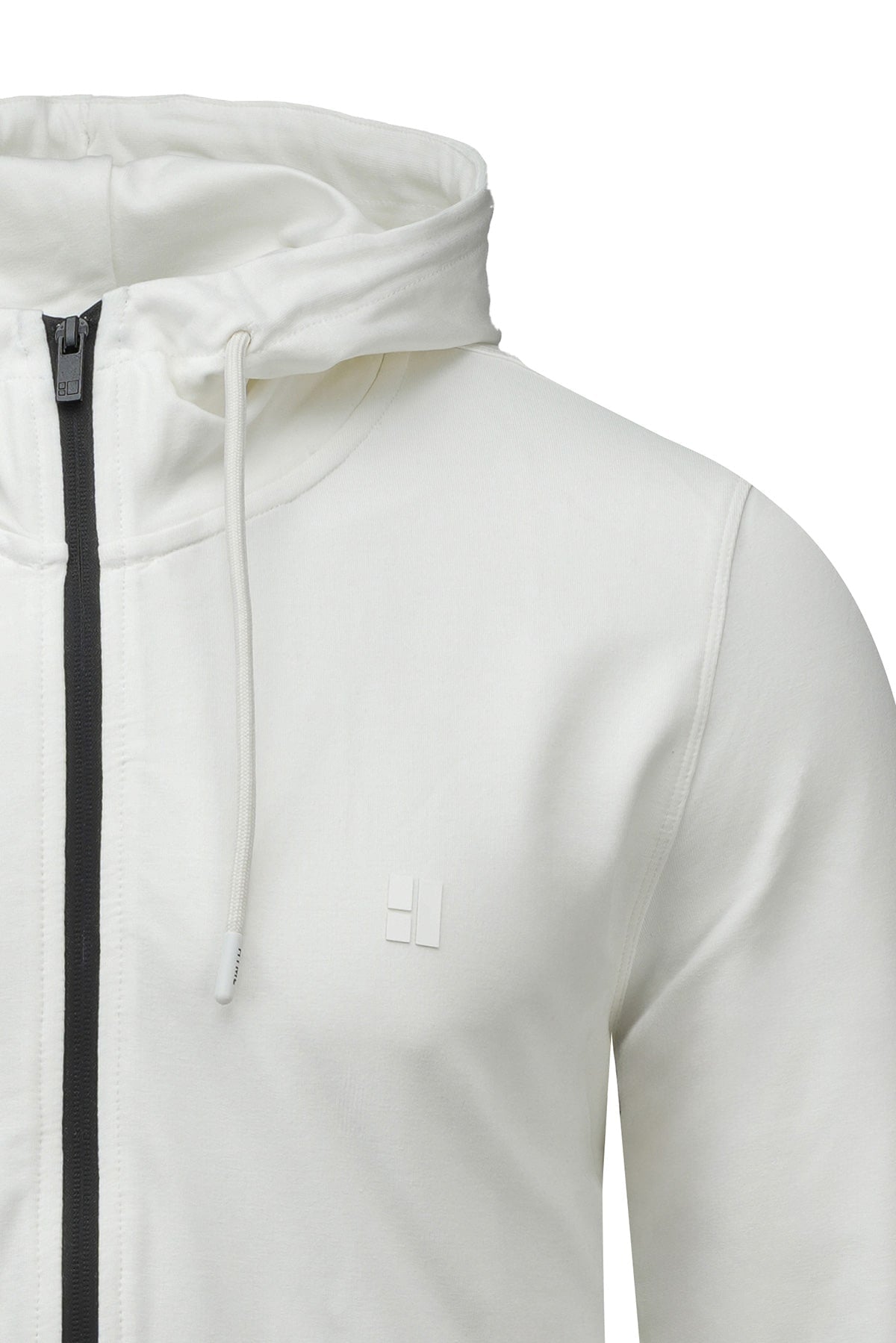 Regular fit white cotton blend full-zip hoodie with black zipper and subtle chest logo for casual wear