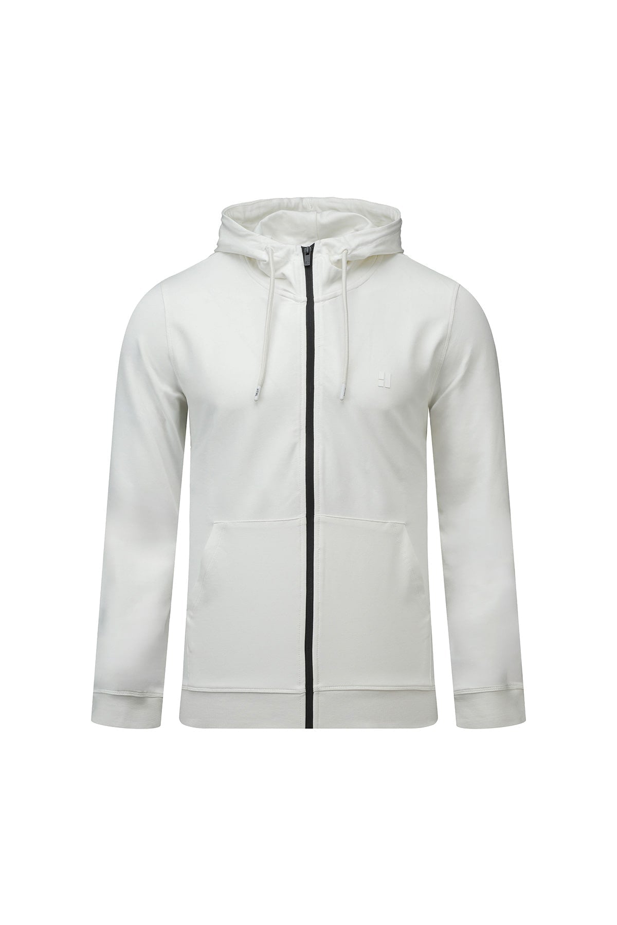 Regular fit white cotton blend full-zip hoodie with black zipper and drawstrings for casual wear