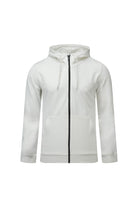 Regular fit white cotton blend full-zip hoodie with black zipper and drawstrings for casual wear