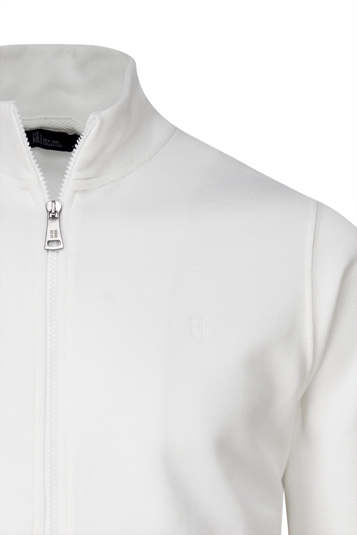 Regular fit white cotton full-zip mock neck cardigan with sleek modern design and metallic zipper pull